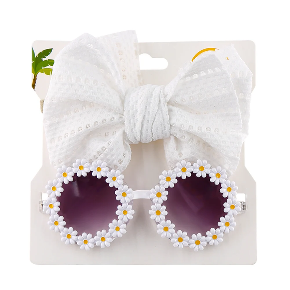 2Pcs/Card Daisy Baby Sunglasses Eyelet Bow Headband Set Elastic Nylon Hair Bands Seaside Sun Glasses Kids Headwear