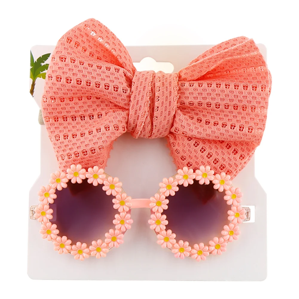 2Pcs/Card Daisy Baby Sunglasses Eyelet Bow Headband Set Elastic Nylon Hair Bands Seaside Sun Glasses Kids Headwear