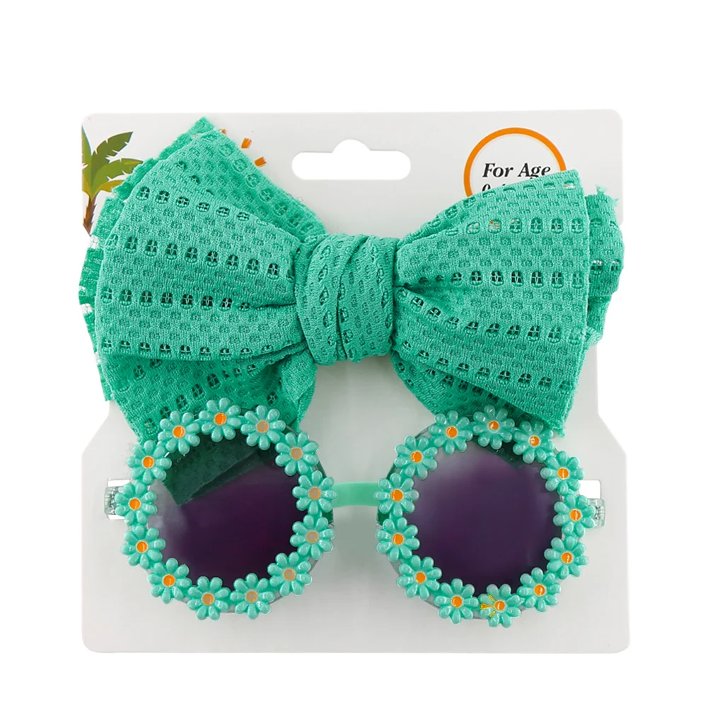 2Pcs/Card Daisy Baby Sunglasses Eyelet Bow Headband Set Elastic Nylon Hair Bands Seaside Sun Glasses Kids Headwear