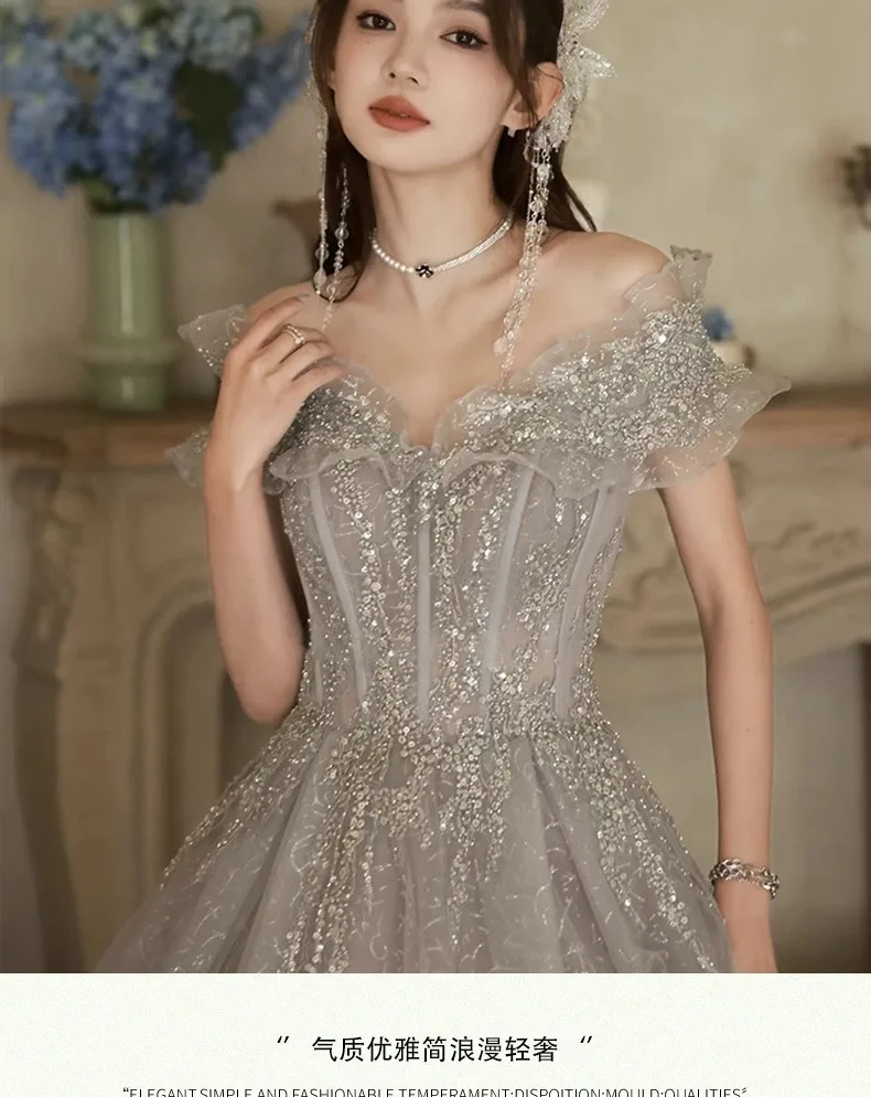 BeitifuBaby Women's Prom Dresses Vestidos Elegantes Princess Style Ruffles Off The Shoulder Ball Gown Evening Dress for Women
