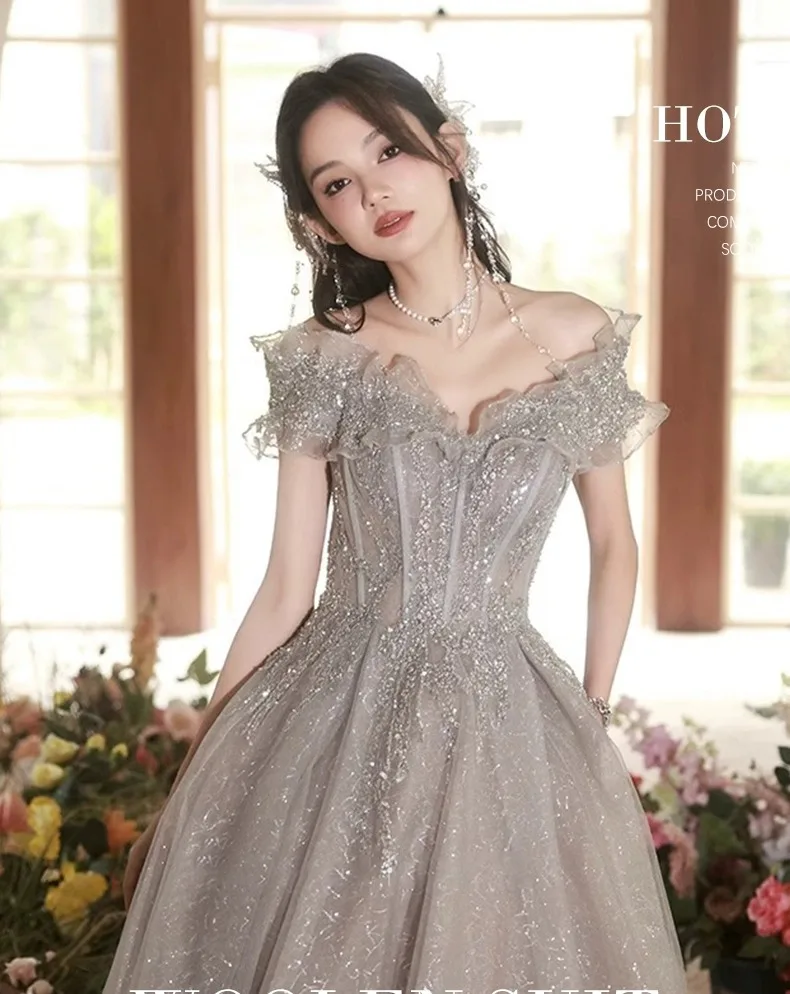 BeitifuBaby Women's Prom Dresses Vestidos Elegantes Princess Style Ruffles Off The Shoulder Ball Gown Evening Dress for Women