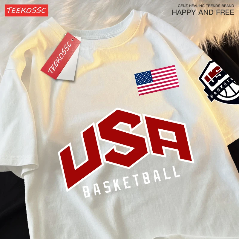 USA Basketballer Printed Street Casual T-Shirts Men Women Loose Oversized Clothing Breathable Cotton Short Sleeved Couple Tees