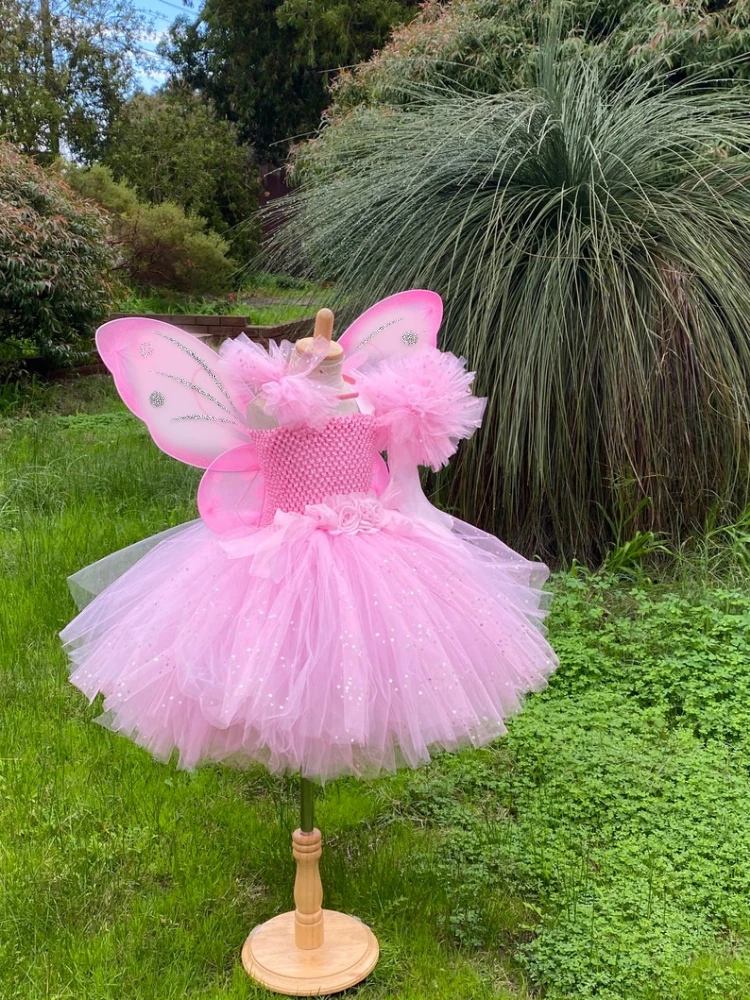 Girls Pink Fairy Dress Kids Glitter Tutu Flower Dresses with Wing and Stick Hairbow Children Birthday Halloween Party Costumes