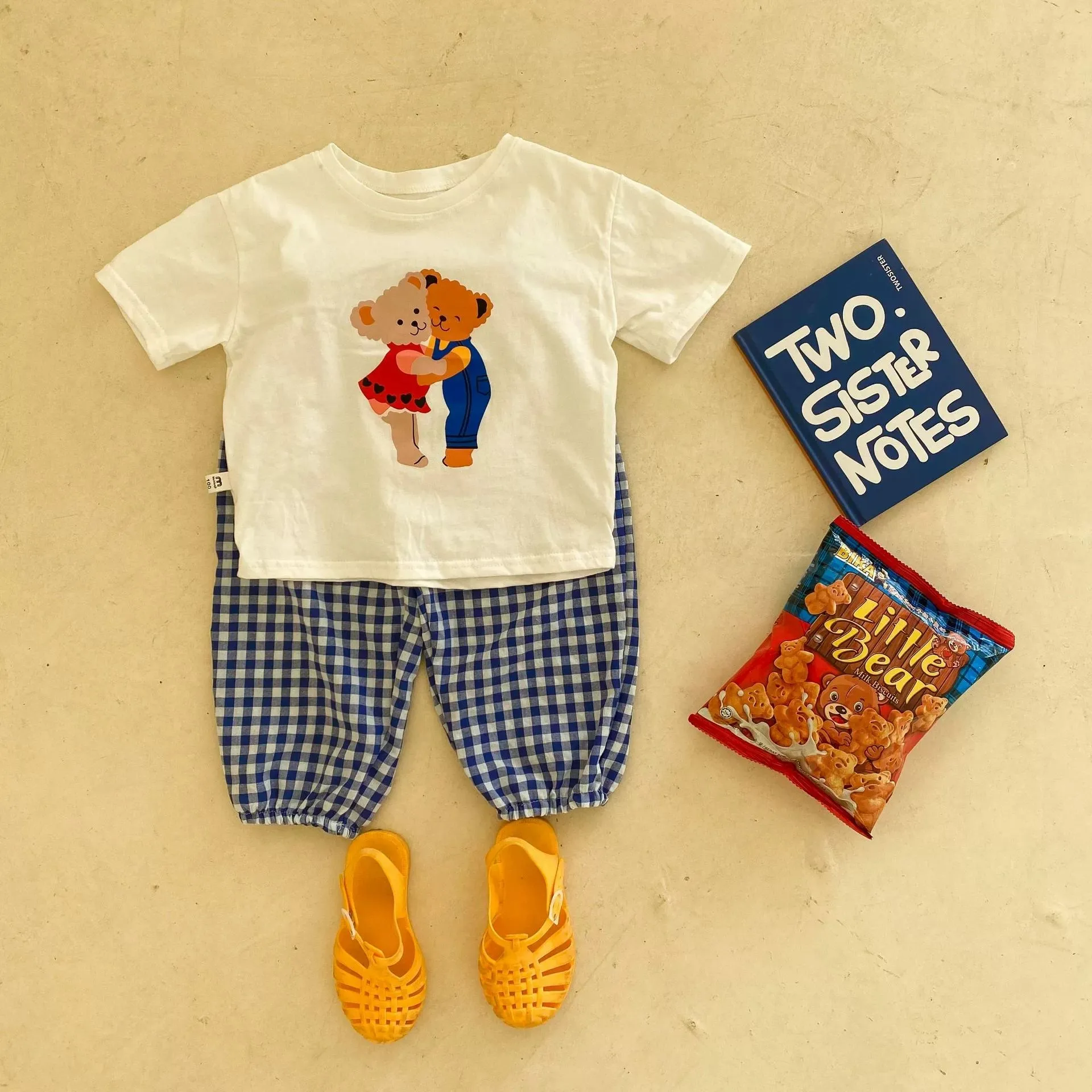 Short Sleeve Suit For Girl Boy Clothes Summer Clothing Cartoon T-shirt Plaid Trousers Chidren's 2 Piece Set Toddler Outfits NEW
