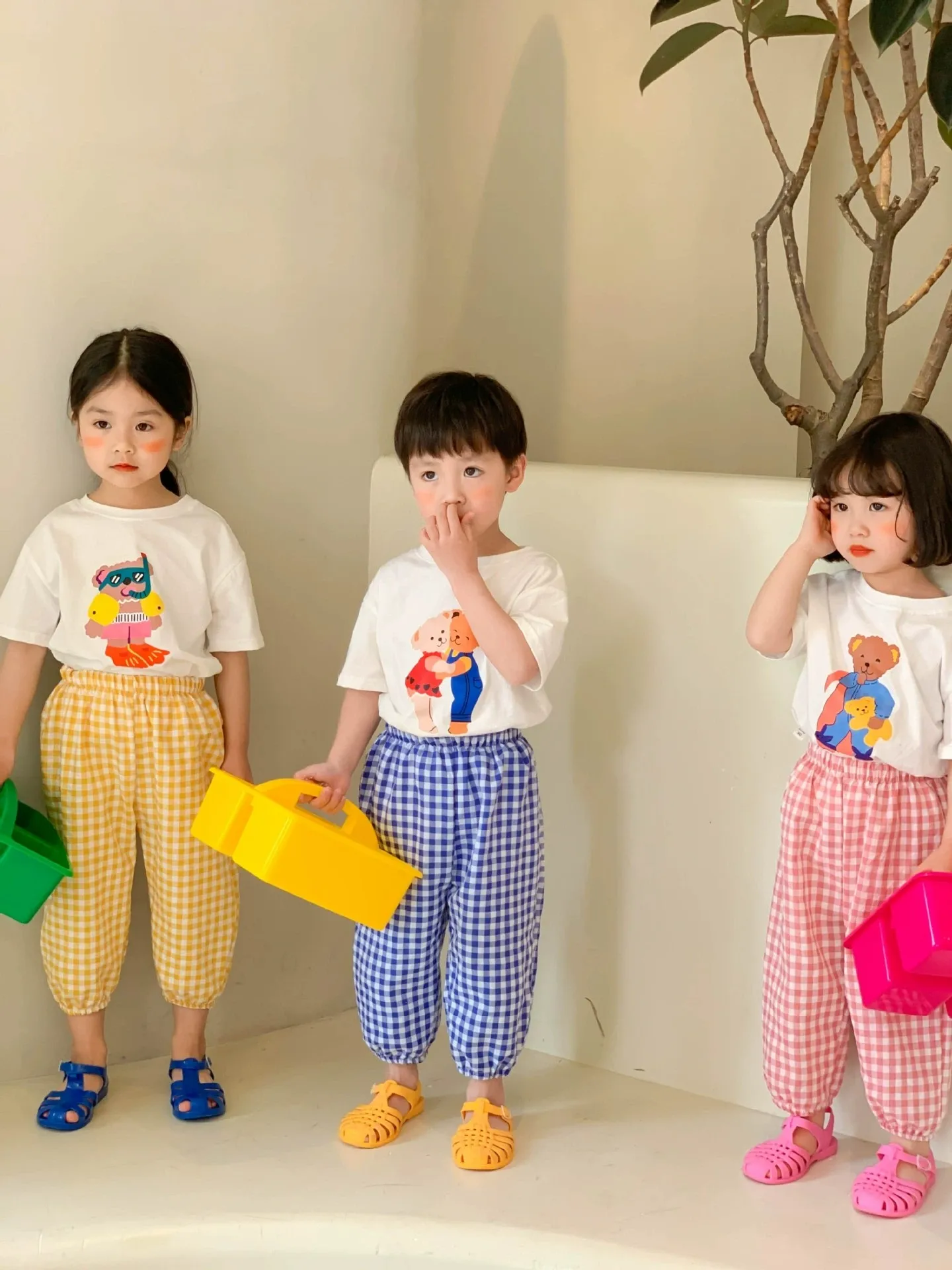 Short Sleeve Suit For Girl Boy Clothes Summer Clothing Cartoon T-shirt Plaid Trousers Chidren's 2 Piece Set Toddler Outfits NEW