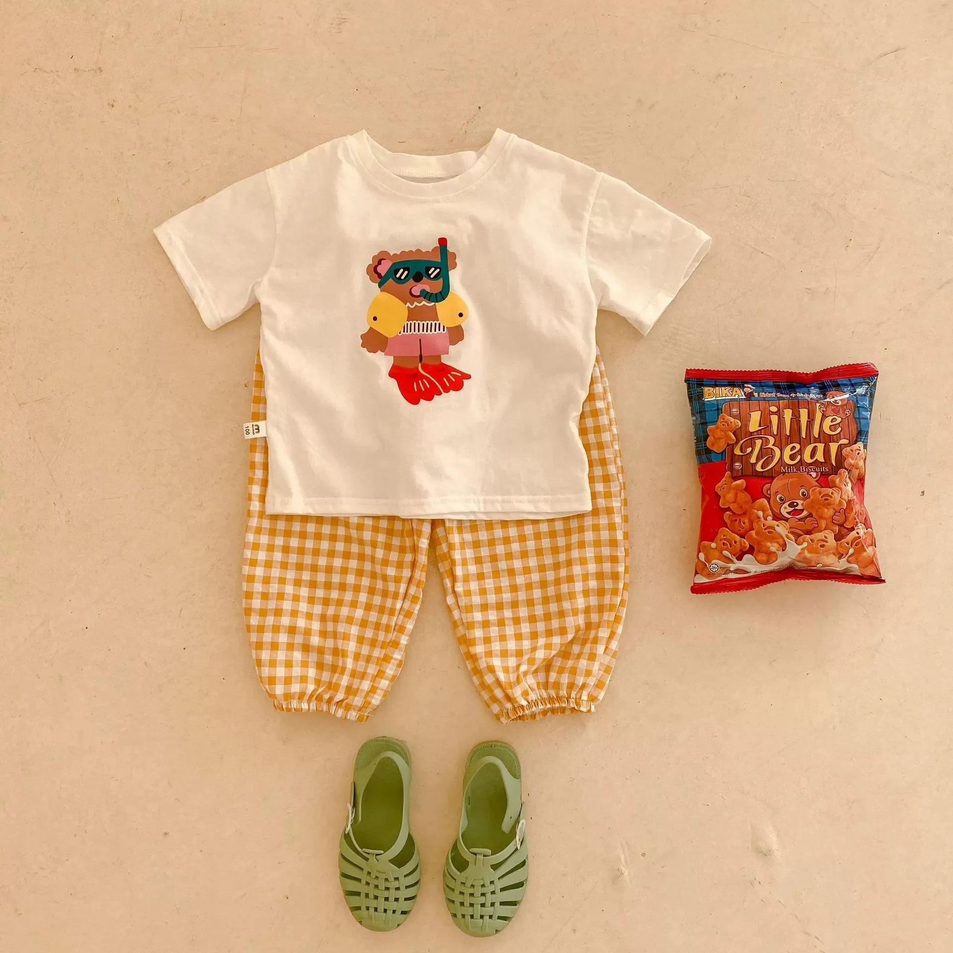 Short Sleeve Suit For Girl Boy Clothes Summer Clothing Cartoon T-shirt Plaid Trousers Chidren's 2 Piece Set Toddler Outfits NEW