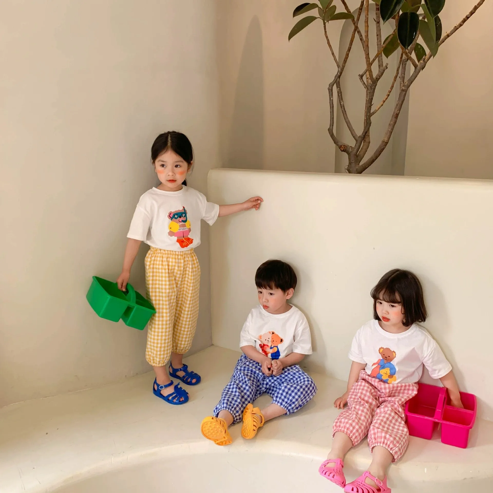 Short Sleeve Suit For Girl Boy Clothes Summer Clothing Cartoon T-shirt Plaid Trousers Chidren's 2 Piece Set Toddler Outfits NEW