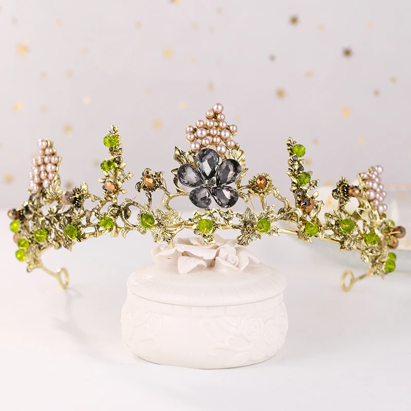 Gold Pearl Flower Crystal Wedding Crown Bride Tiaras And Crowns Queen Diadem Pageant Party Crown Bridal Hair Jewelry Accessories