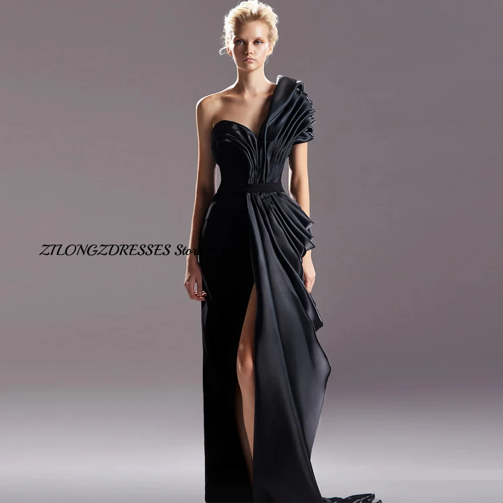 Elegant Black One Shoulder Customized Evening Dress Formal High Split Zipper Back Homecoming Dresses Special Occasion Gowns