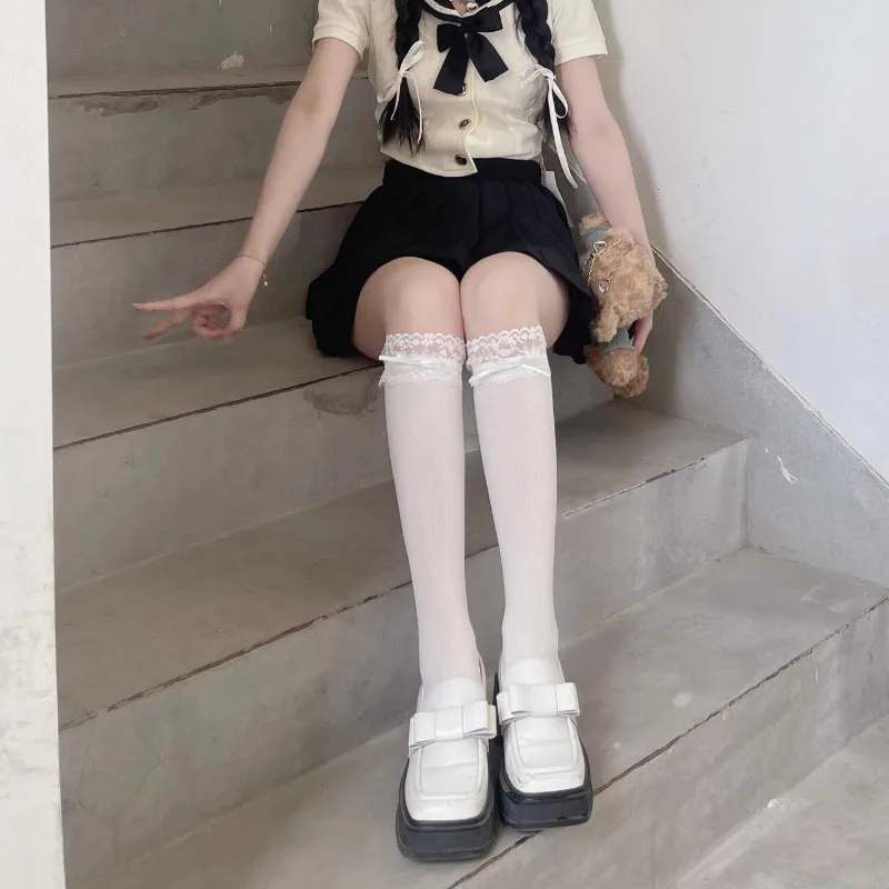 Women Lolita Lace-edge Bow Velvet Stockings Mid Leg Socks Thin Breathable Soft Cute College Style Kawaii JK Knee High Calf Socks
