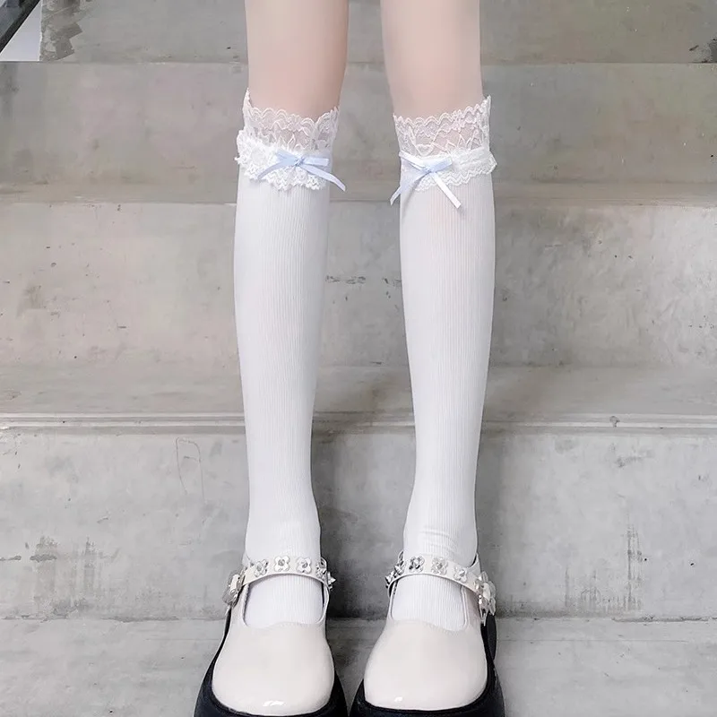 Women Lolita Lace-edge Bow Velvet Stockings Mid Leg Socks Thin Breathable Soft Cute College Style Kawaii JK Knee High Calf Socks