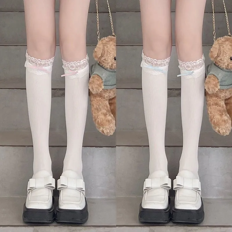 Women Lolita Lace-edge Bow Velvet Stockings Mid Leg Socks Thin Breathable Soft Cute College Style Kawaii JK Knee High Calf Socks