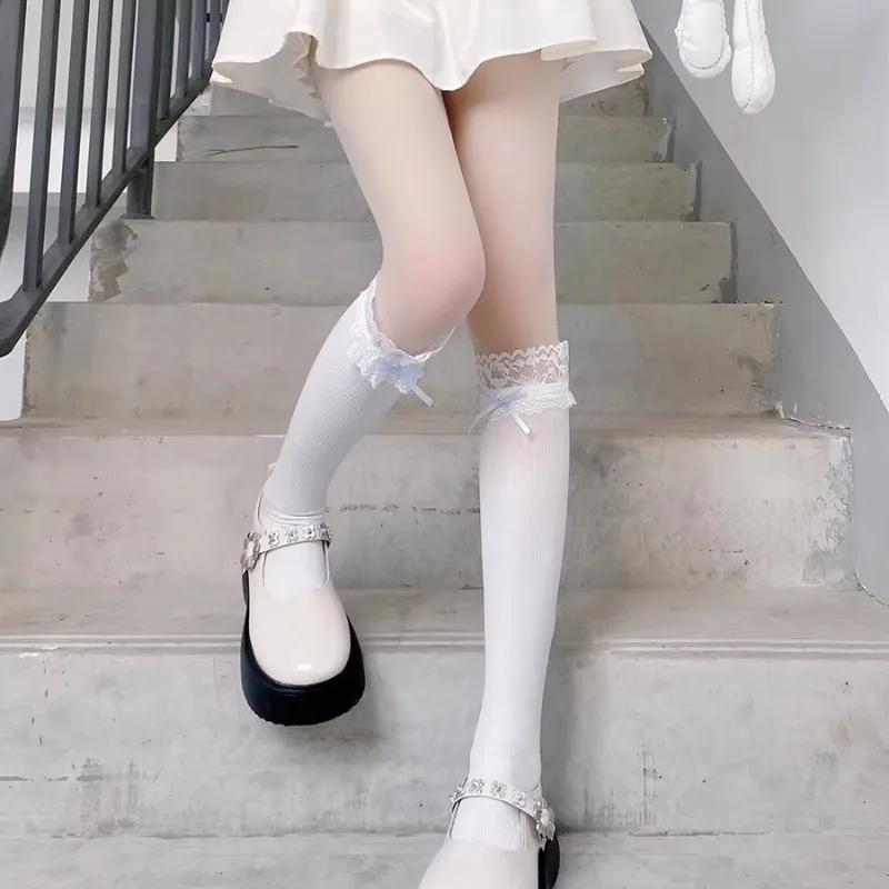 Women Lolita Lace-edge Bow Velvet Stockings Mid Leg Socks Thin Breathable Soft Cute College Style Kawaii JK Knee High Calf Socks
