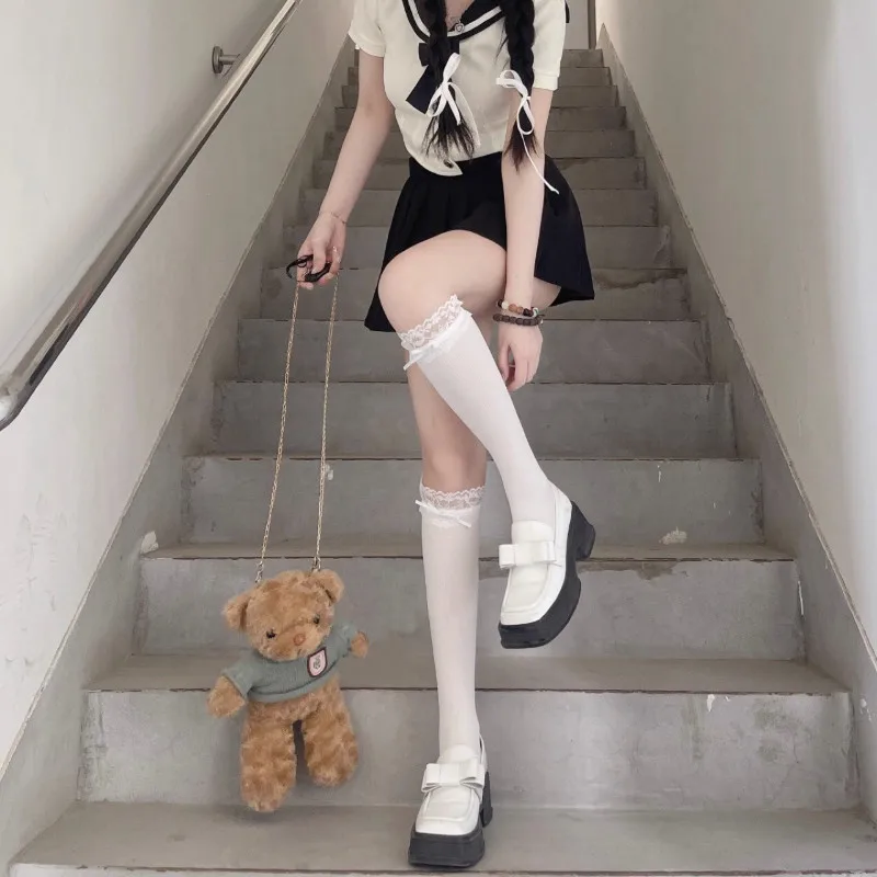 Women Lolita Lace-edge Bow Velvet Stockings Mid Leg Socks Thin Breathable Soft Cute College Style Kawaii JK Knee High Calf Socks