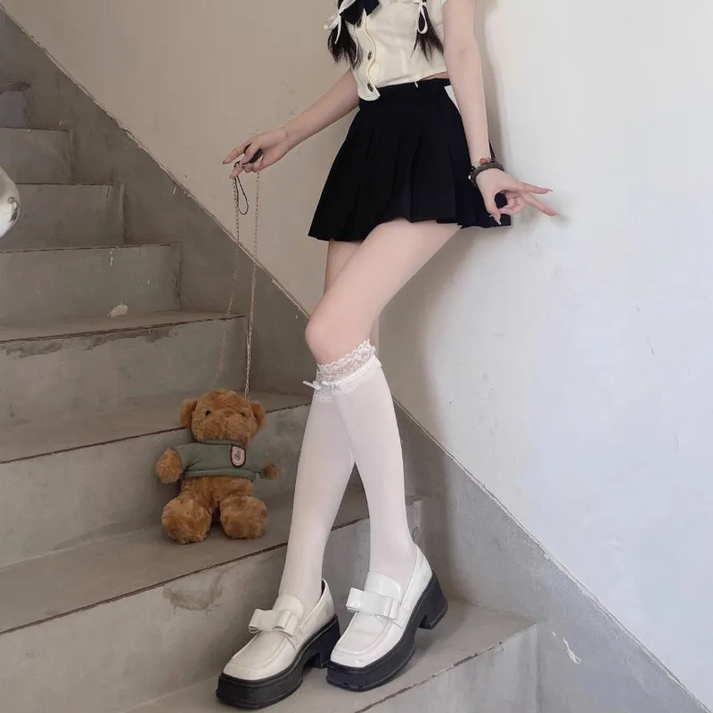 Women Lolita Lace-edge Bow Velvet Stockings Mid Leg Socks Thin Breathable Soft Cute College Style Kawaii JK Knee High Calf Socks