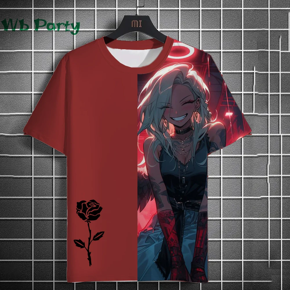 3D Print Clothing Anime Girls Rose Print Unisex Short Sleeve Anime Girls Graphic T Shirts Gothic T-Shirt Round Neck T-Shirt Tops