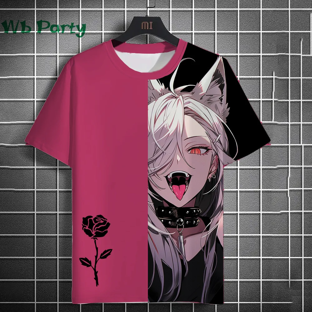3D Print Clothing Anime Girls Rose Print Unisex Short Sleeve Anime Girls Graphic T Shirts Gothic T-Shirt Round Neck T-Shirt Tops