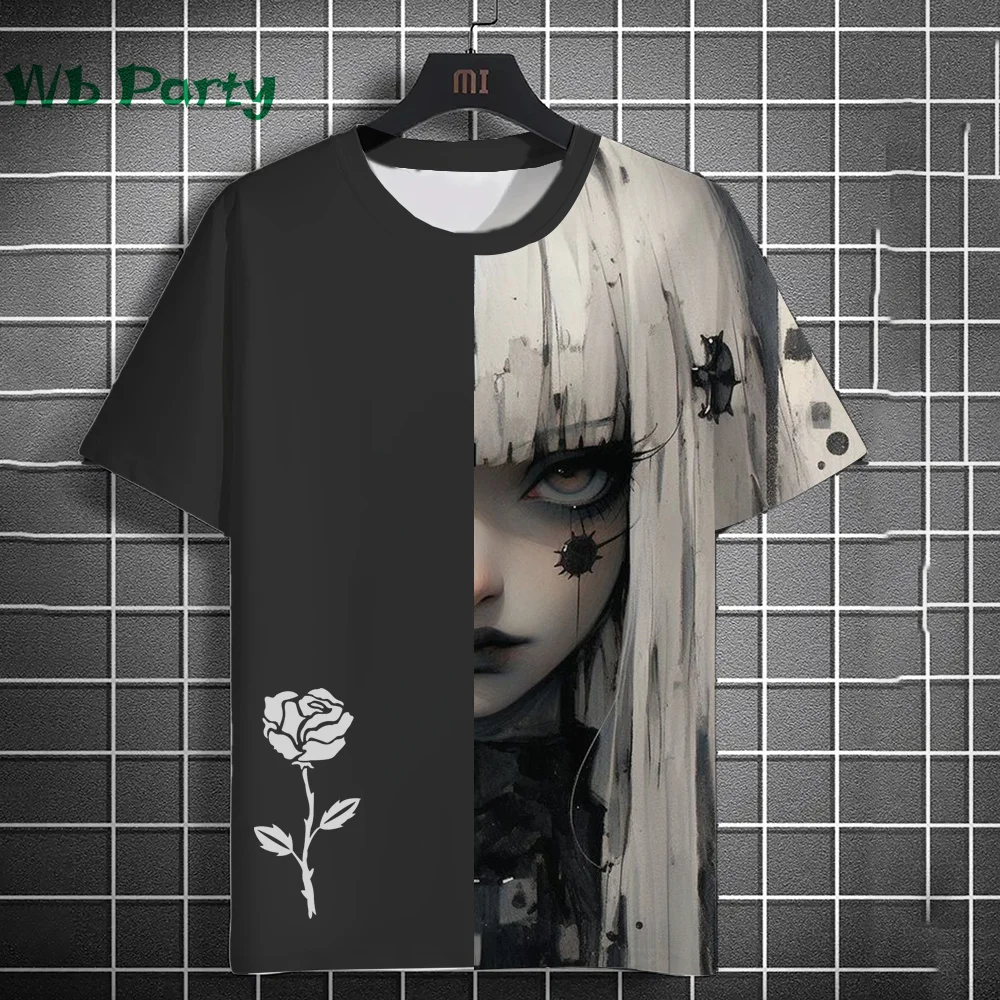 3D Print Clothing Anime Girls Rose Print Unisex Short Sleeve Anime Girls Graphic T Shirts Gothic T-Shirt Round Neck T-Shirt Tops