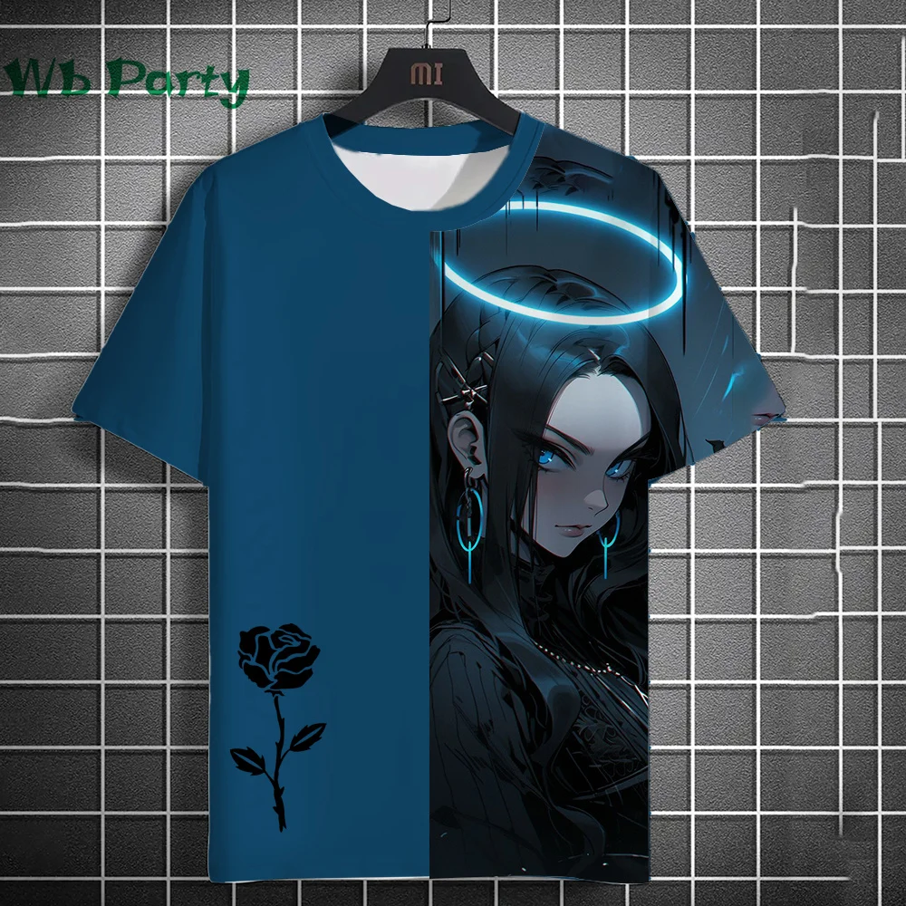 3D Print Clothing Anime Girls Rose Print Unisex Short Sleeve Anime Girls Graphic T Shirts Gothic T-Shirt Round Neck T-Shirt Tops