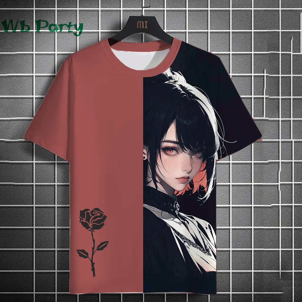 3D Print Clothing Anime Girls Rose Print Unisex Short Sleeve Anime Girls Graphic T Shirts Gothic T-Shirt Round Neck T-Shirt Tops