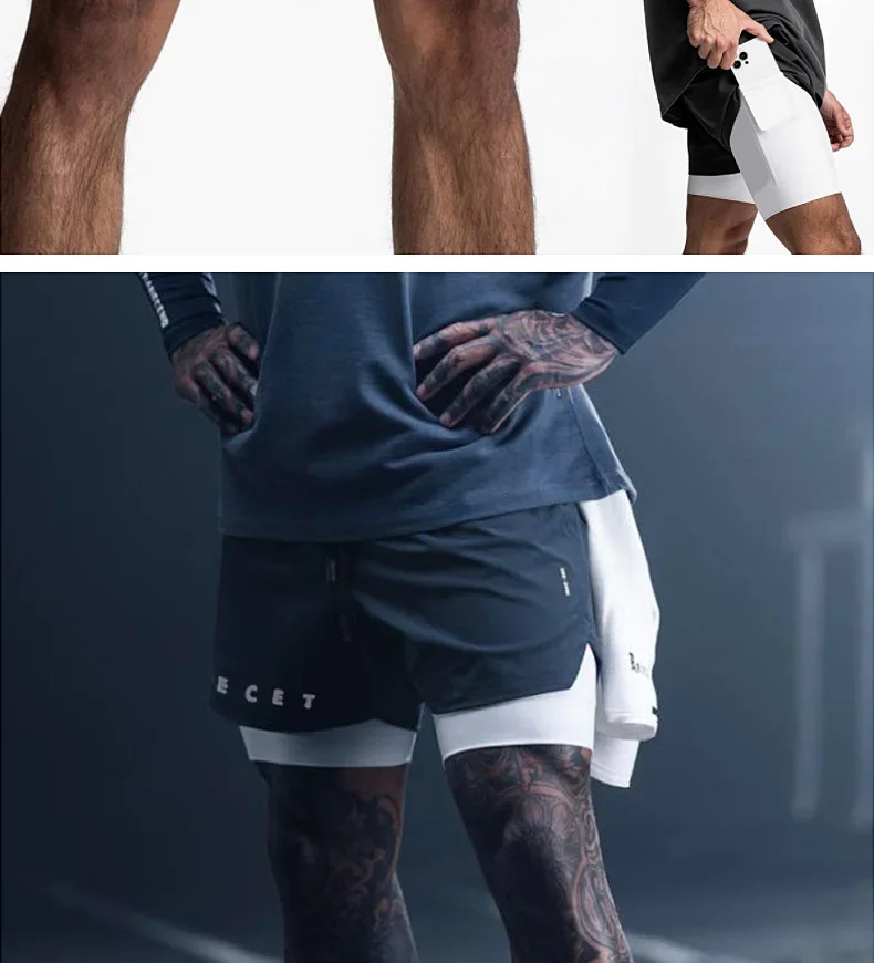 Mens Gyms Fitness 2 in 1 Quick Dry Shorts Summer Running Bodybuilding Jogging Casual Short Pants Workout Male Basketball Bottoms