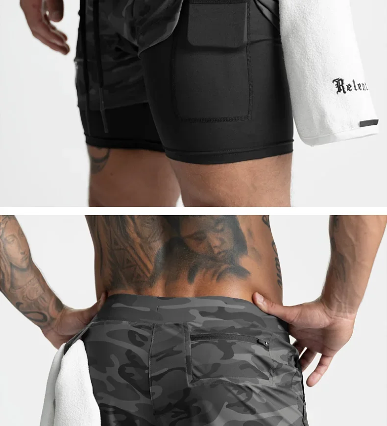 Mens Gyms Fitness 2 in 1 Quick Dry Shorts Summer Running Bodybuilding Jogging Casual Short Pants Workout Male Basketball Bottoms