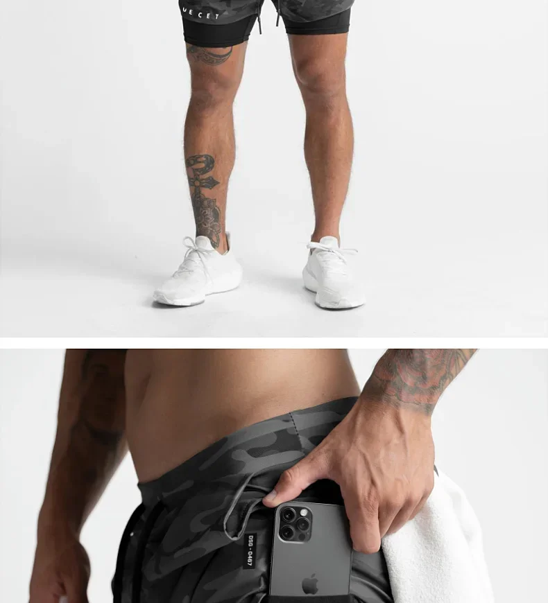 Mens Gyms Fitness 2 in 1 Quick Dry Shorts Summer Running Bodybuilding Jogging Casual Short Pants Workout Male Basketball Bottoms