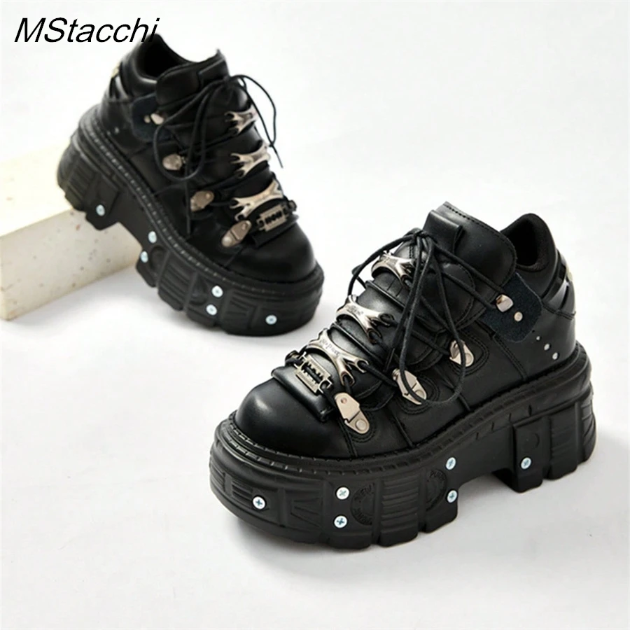 Punk Style Women Black Shoes Rock Metal Decor Lace-up Heel Height Platform Shoes Gothic Man Sneakers Women Ankle Boots 2025 New