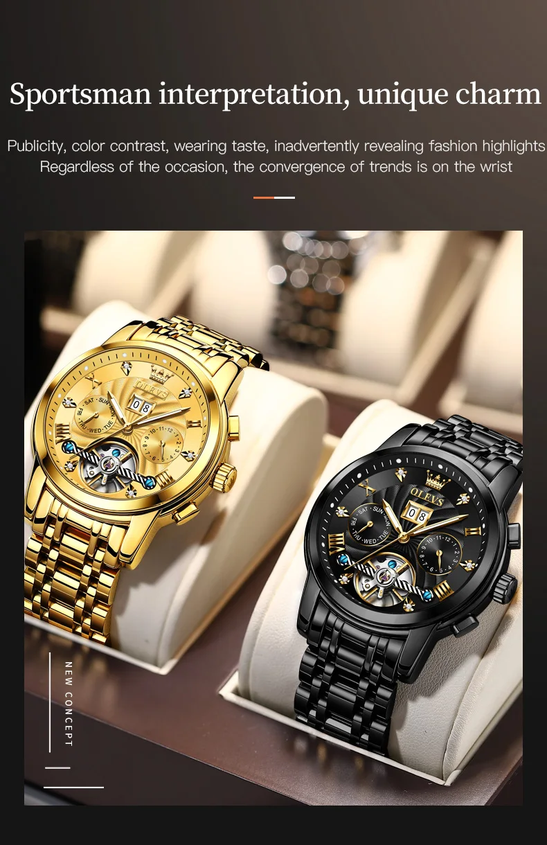 OLEVS Classic Men's Watches Tourbillon Multi-function Full Automatic Men Watch High End Male Wristwatches