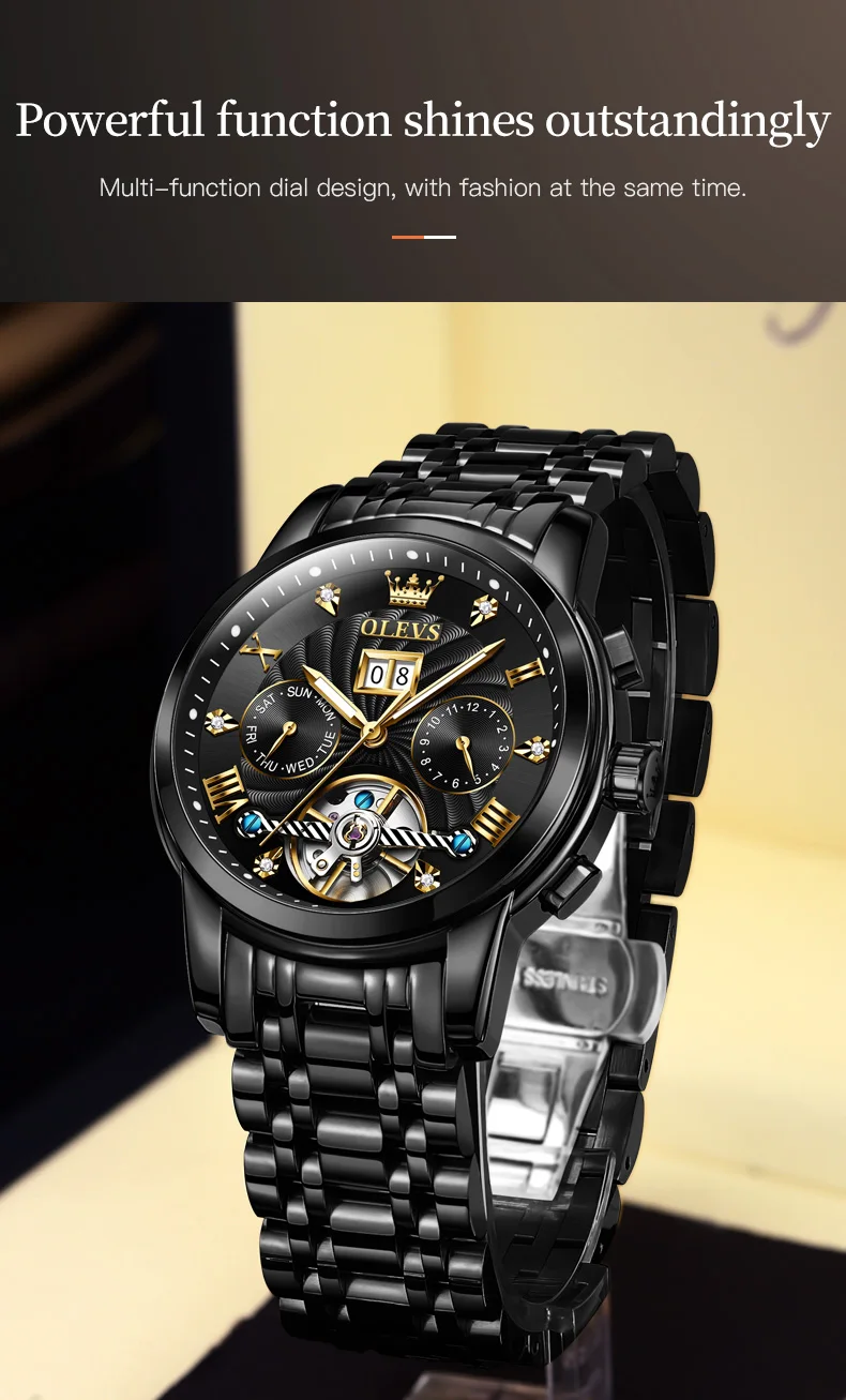 OLEVS Classic Men's Watches Tourbillon Multi-function Full Automatic Men Watch High End Male Wristwatches