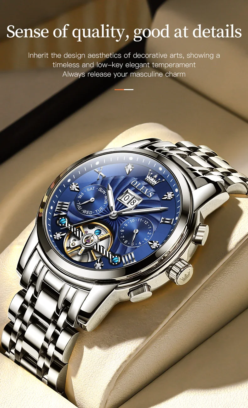 OLEVS Classic Men's Watches Tourbillon Multi-function Full Automatic Men Watch High End Male Wristwatches