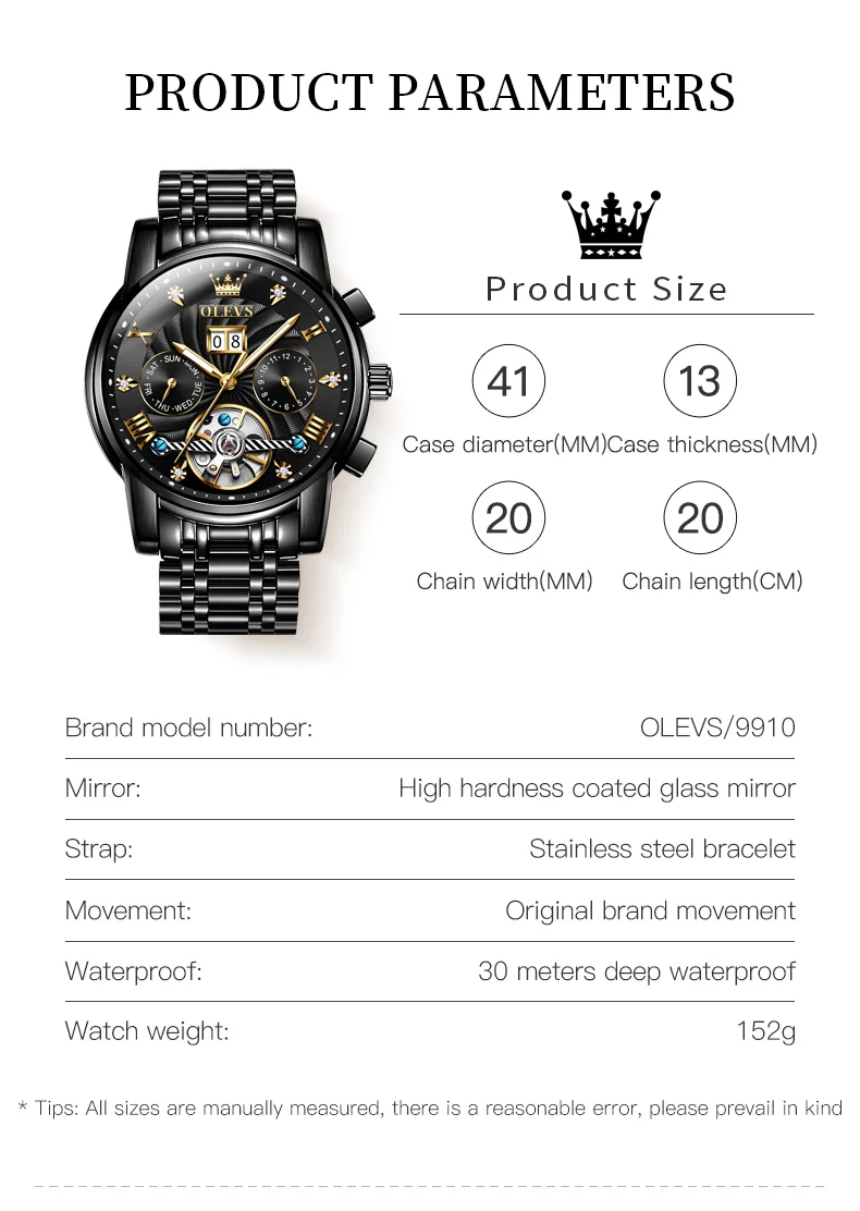 OLEVS Classic Men's Watches Tourbillon Multi-function Full Automatic Men Watch High End Male Wristwatches