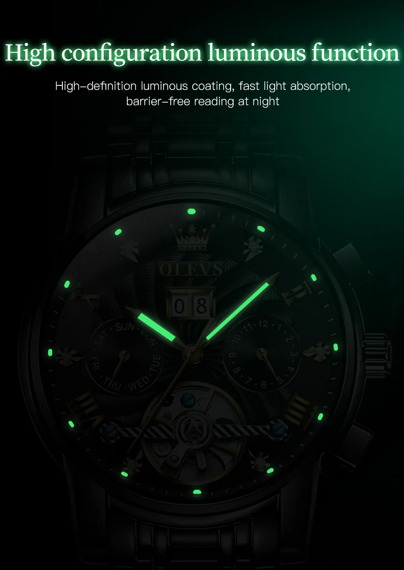 OLEVS Classic Men's Watches Tourbillon Multi-function Full Automatic Men Watch High End Male Wristwatches