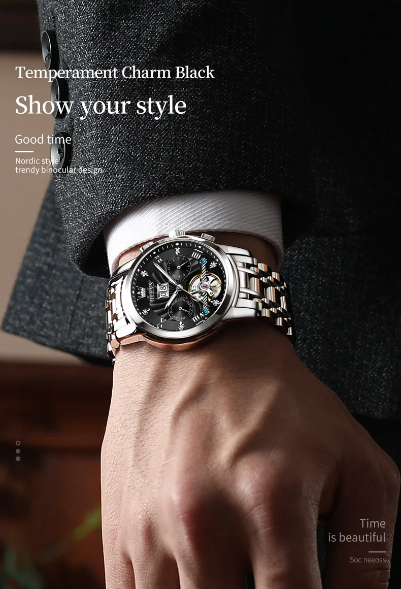 OLEVS Classic Men's Watches Tourbillon Multi-function Full Automatic Men Watch High End Male Wristwatches