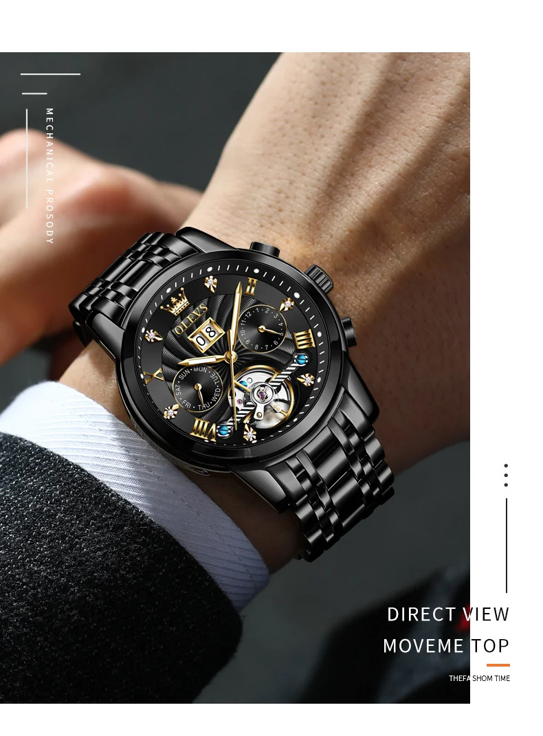 OLEVS Classic Men's Watches Tourbillon Multi-function Full Automatic Men Watch High End Male Wristwatches
