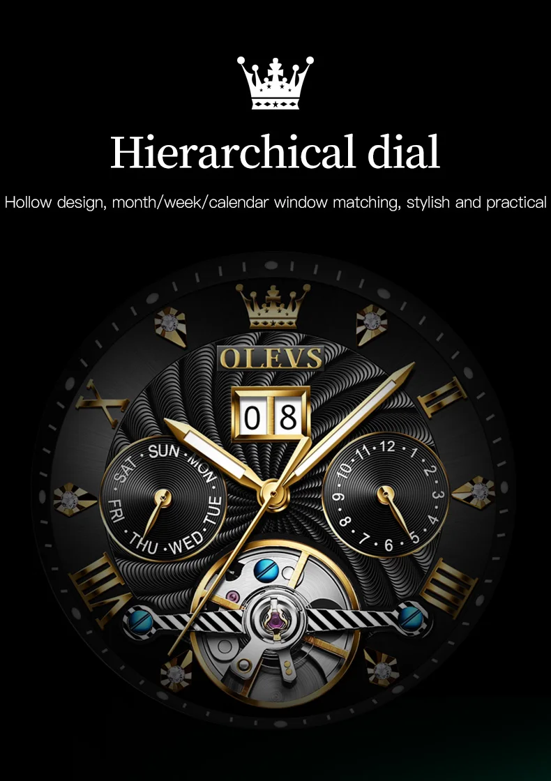 OLEVS Classic Men's Watches Tourbillon Multi-function Full Automatic Men Watch High End Male Wristwatches