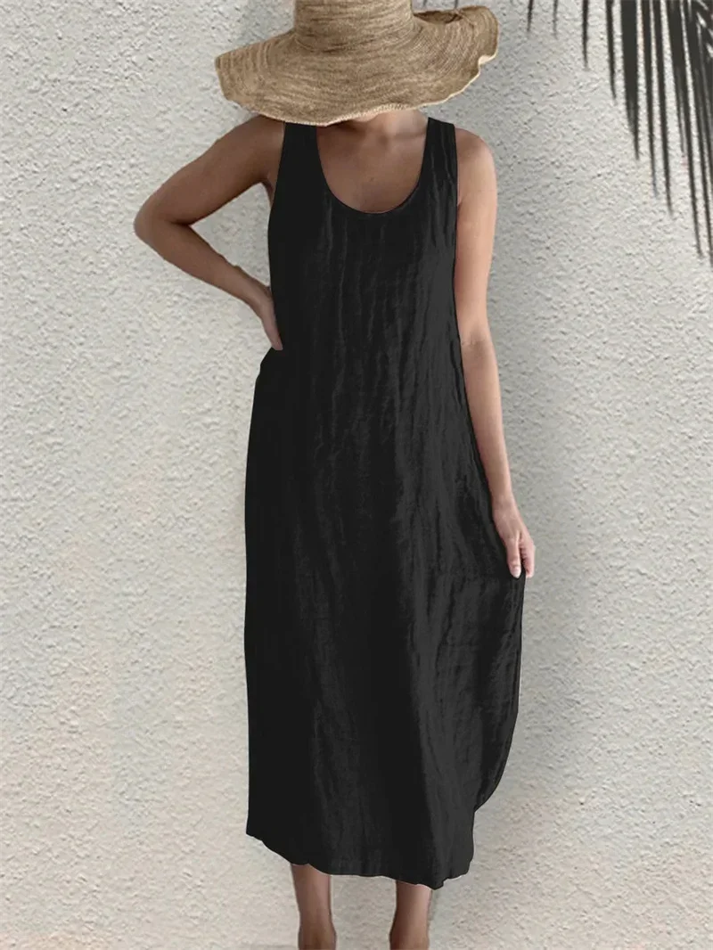 Women Comfortable Casual Cotton Linen Dresses 2026 Summer Solid Color Side Pockets Dress Female O Neck Pullover Sleeveless Gown