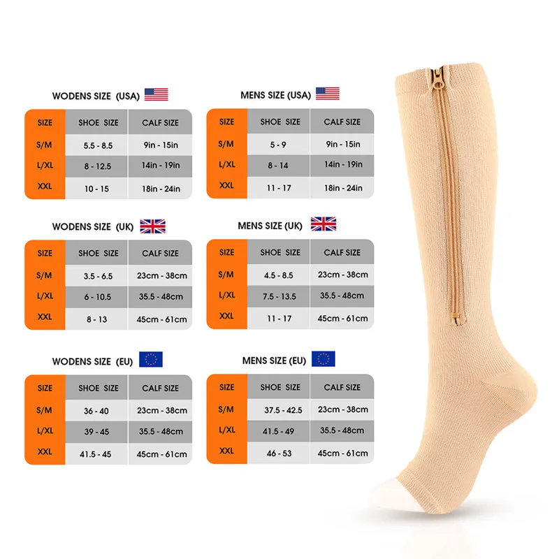 Zipper Compression Socks Men Women Knee Maternity High Socks Anti-Fatigue Stretchy Sox Outdoor Running Hiking Sports Socks YSZ01