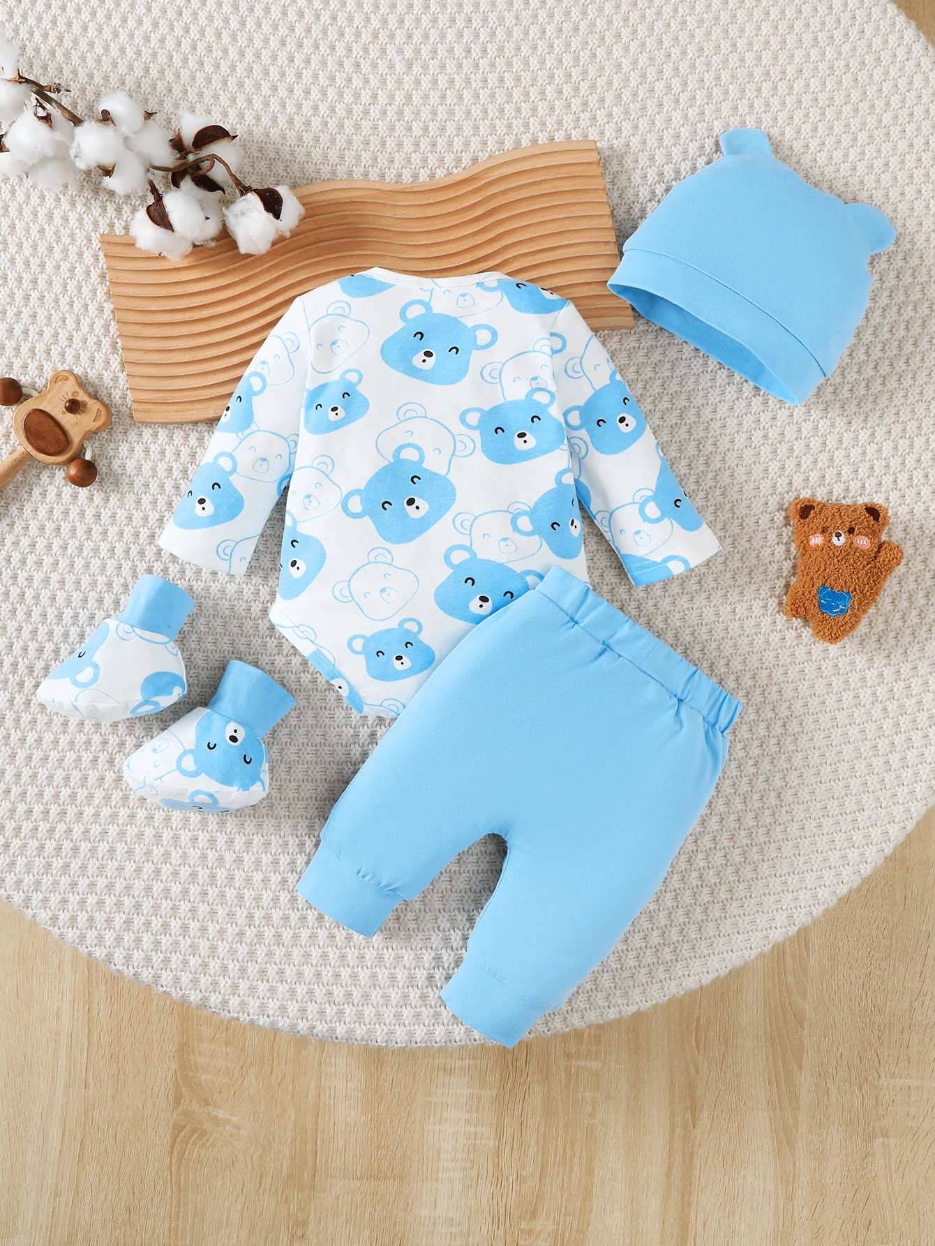 0-9 Months Baby Boy Set Little Bear Long Sleeve Bodysuit+Pants+Hat+Socks 4pcs/Set Baby Spring Autumn Clothing Newborn Set