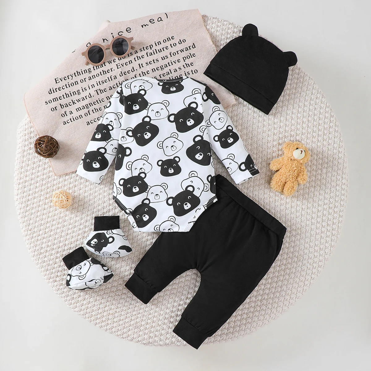 0-9 Months Baby Boy Set Little Bear Long Sleeve Bodysuit+Pants+Hat+Socks 4pcs/Set Baby Spring Autumn Clothing Newborn Set