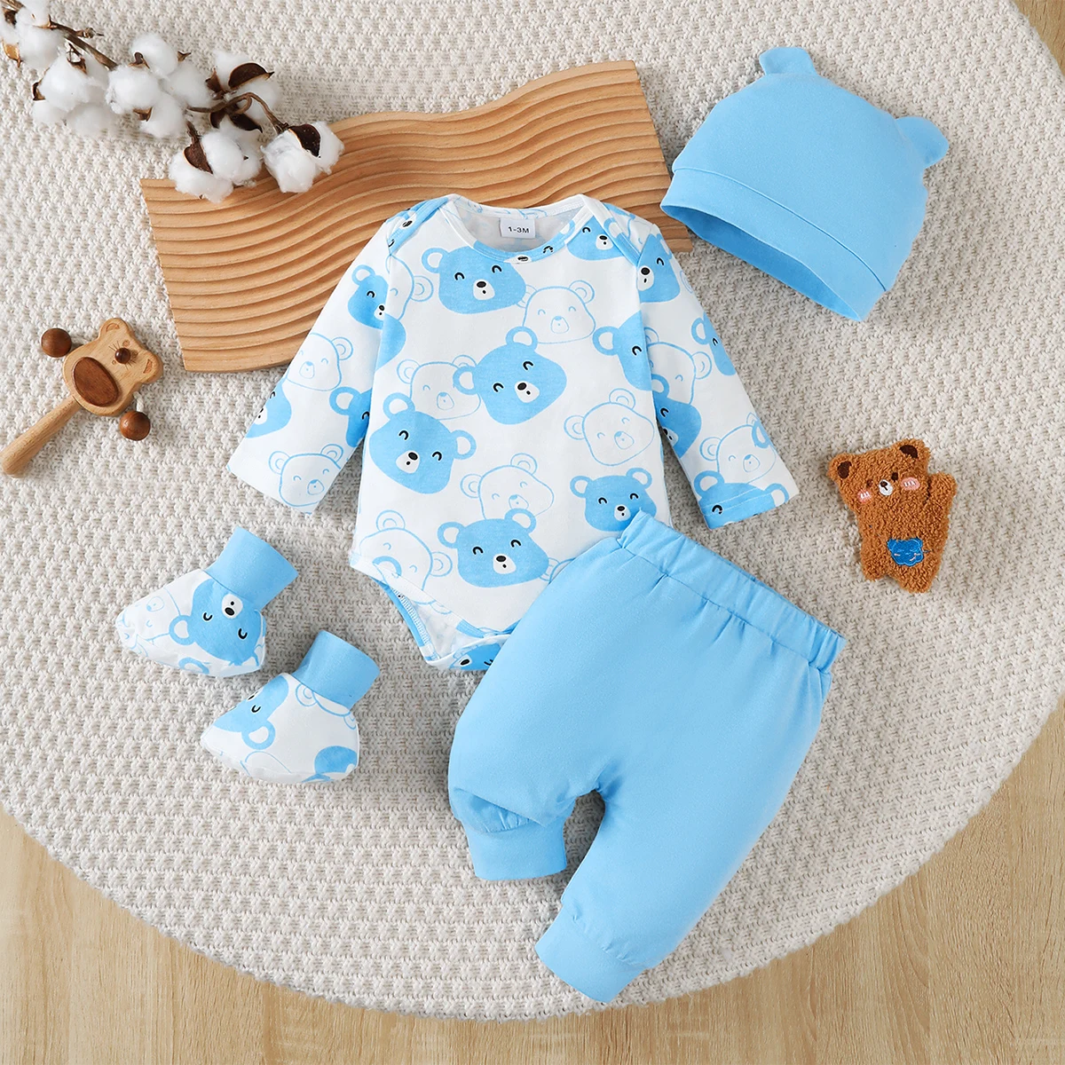 0-9 Months Baby Boy Set Little Bear Long Sleeve Bodysuit+Pants+Hat+Socks 4pcs/Set Baby Spring Autumn Clothing Newborn Set