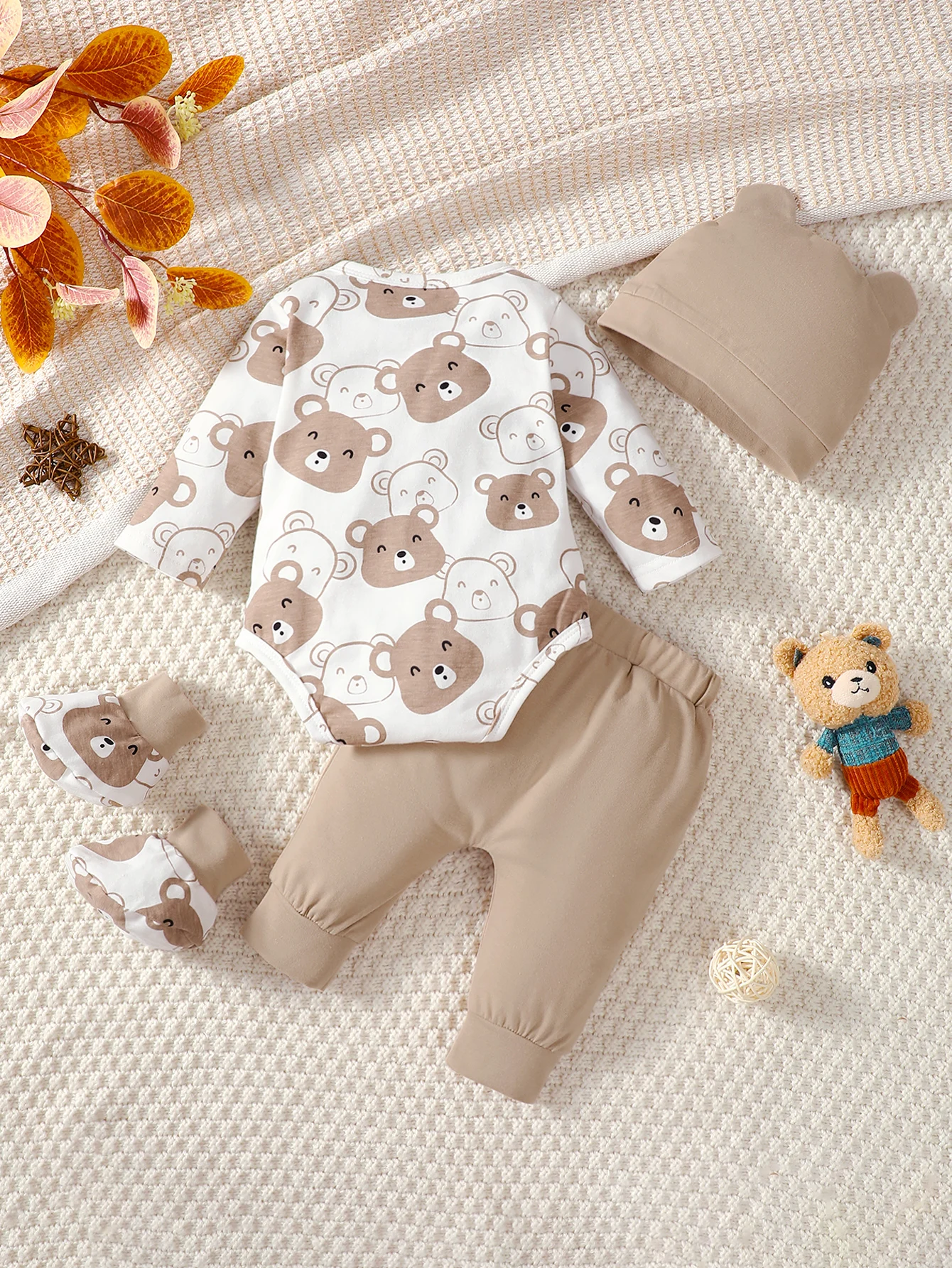 0-9 Months Baby Boy Set Little Bear Long Sleeve Bodysuit+Pants+Hat+Socks 4pcs/Set Baby Spring Autumn Clothing Newborn Set