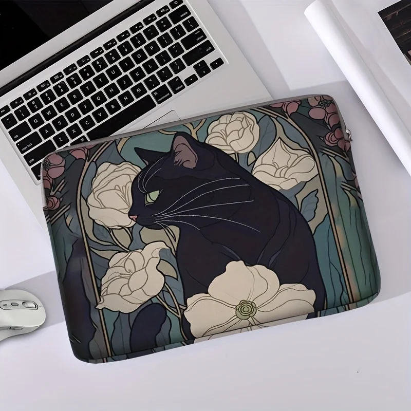 1pc, Two Styles, Camellia Black Cat Pattern Printed Laptop Bag Soft Laptop Fabric Cover Suitable for 14 inch Laptops