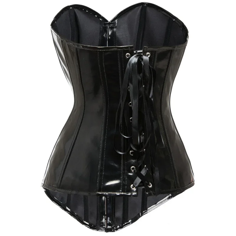 Black PVC Vinyl Corset Plus Size Women Sexy Overbust Bustiers Top Shiny Leather Lingerie Steampunk Corselet Lace Up Korsett