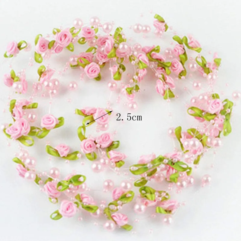 2M Pink Rose Pearl Beaded Leaf Garland Ribbon Wedding Gift Wrapping DIY Craft Accessory, Christmas Tree Holiday Party Decor