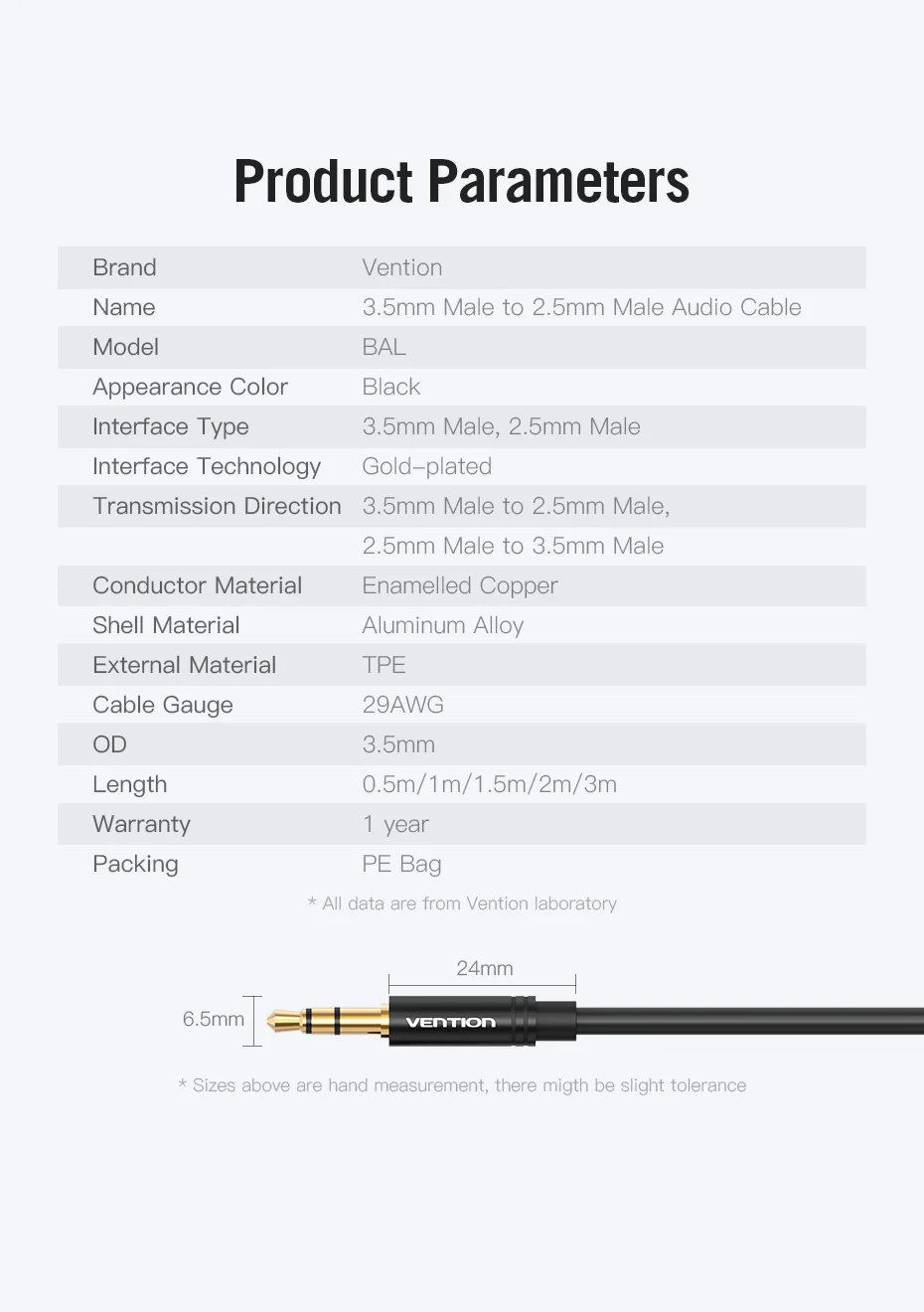 Vention 2.5mm to 3.5mm Audio Cable Aux Adapter Jack 3.5 to 2.5 Male Cable For Headphones Speaker SmartPhone Car Connector Cord