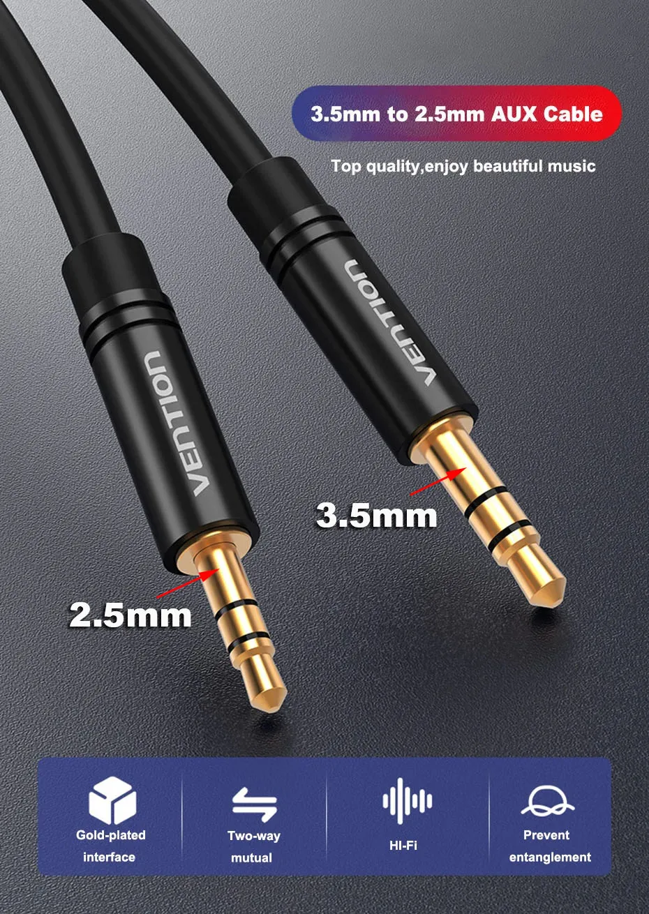 Vention 2.5mm to 3.5mm Audio Cable Aux Adapter Jack 3.5 to 2.5 Male Cable For Headphones Speaker SmartPhone Car Connector Cord