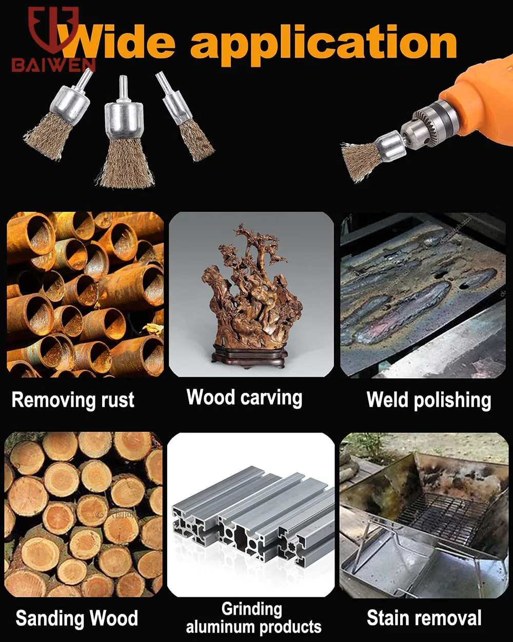 10/16/25mm Copper Plated Steel Wire Wheels Brushes Drill Rotary Tools Engraver Grinder Polishing Metal Rust Removal Brush Set