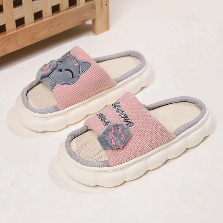 Linen Casual Slippers Women House Platform Cute Cartoon Cat Designer Shoes Girls Flat Fashion Elegant Footwear Indoor Large Size
