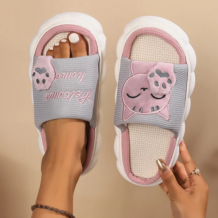 Linen Casual Slippers Women House Platform Cute Cartoon Cat Designer Shoes Girls Flat Fashion Elegant Footwear Indoor Large Size